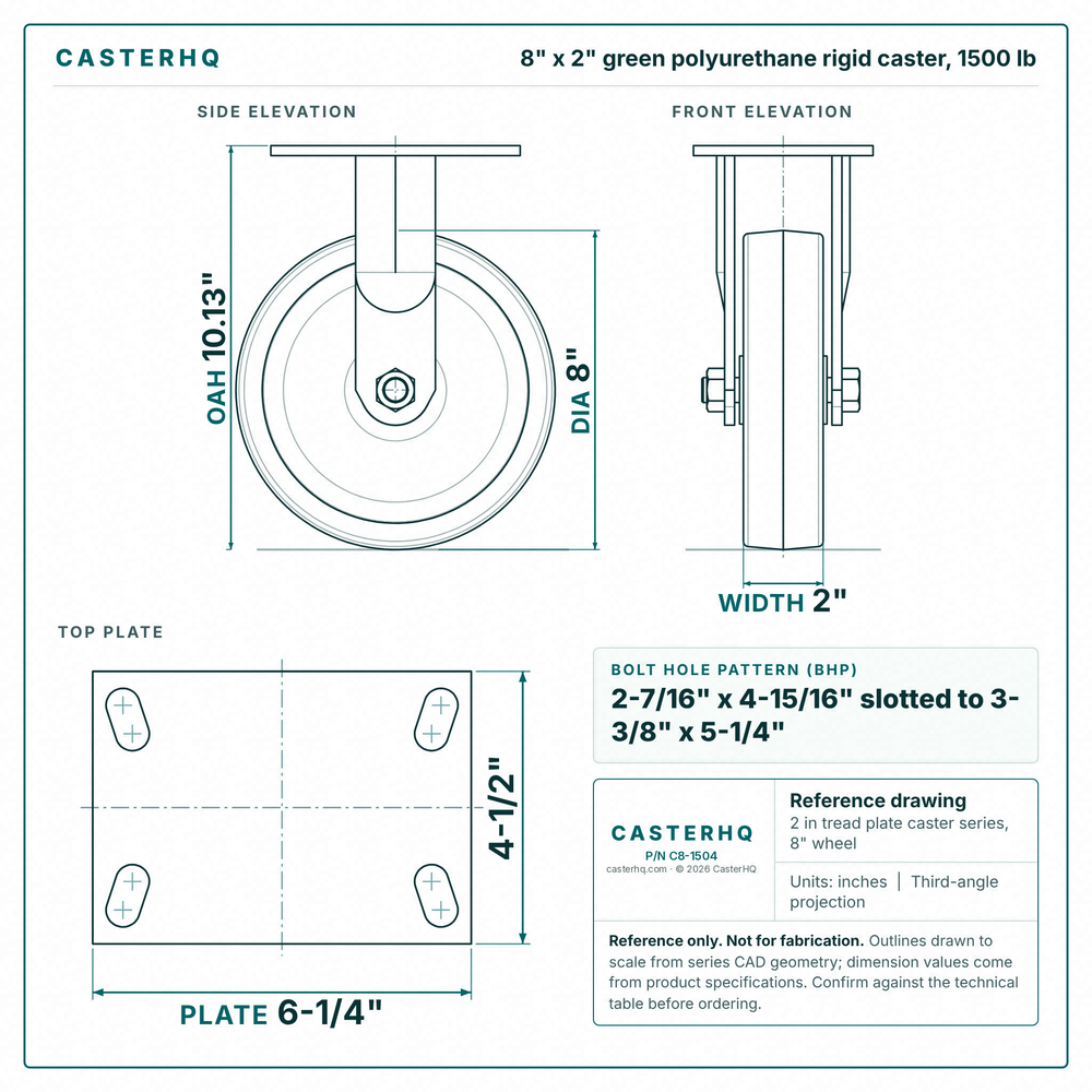 8 x 2 in green polyurethane rigid caster reference drawing, side, front and top plate views with dimensions