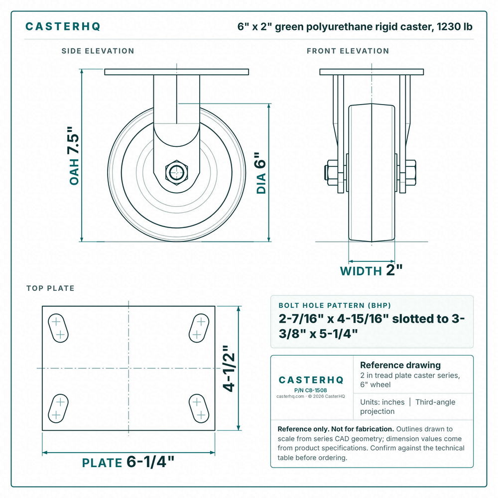 6 x 2 in green polyurethane rigid caster reference drawing, side, front and top plate views with dimensions