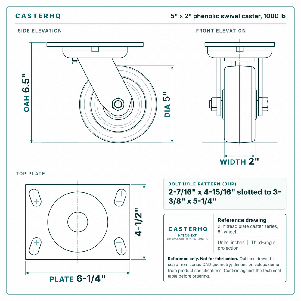 5 x 2 in phenolic swivel caster reference drawing, side, front and top plate views with dimensions