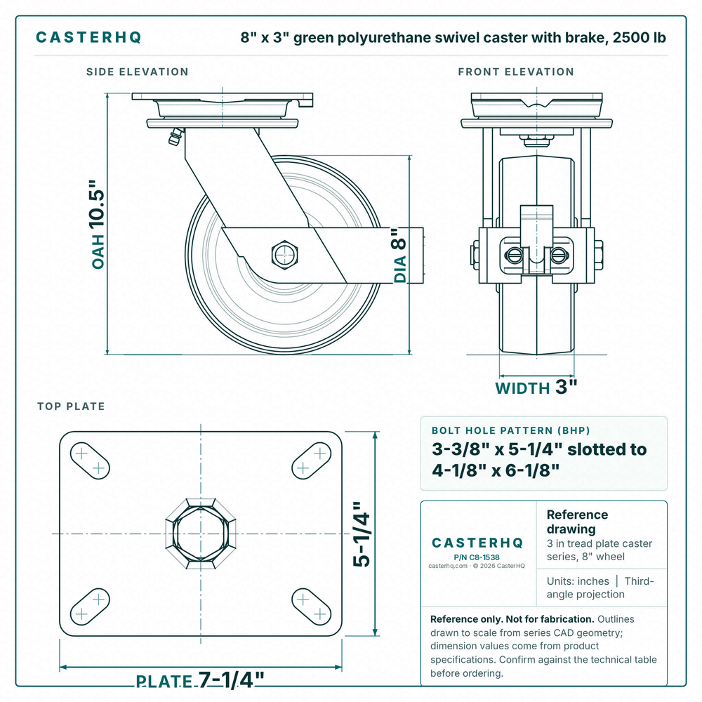 8 x 3 in green polyurethane swivel caster with brake reference drawing, side, front and top plate views with dimensions