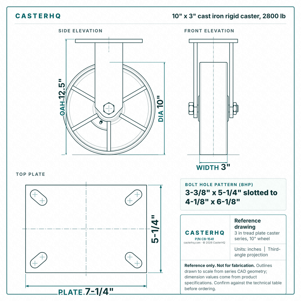 10 x 3 in cast iron rigid caster reference drawing, side, front and top plate views with dimensions