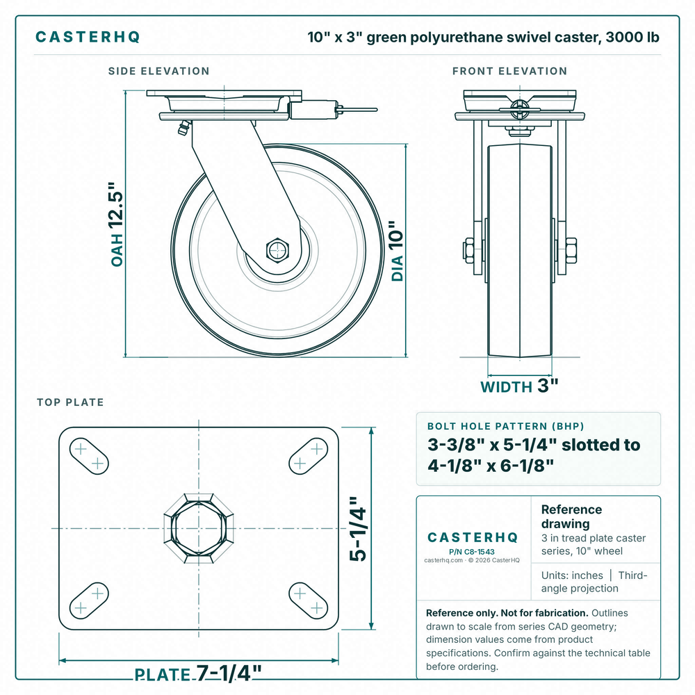 10 x 3 in green polyurethane swivel caster reference drawing, side, front and top plate views with dimensions