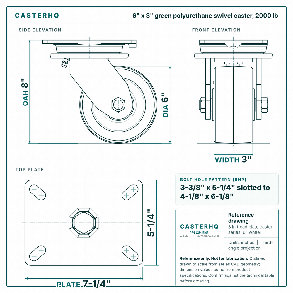 6 x 3 in green polyurethane swivel caster reference drawing, side, front and top plate views with dimensions