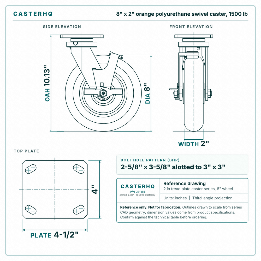 8 x 2 in orange polyurethane swivel caster reference drawing, side, front and top plate views with dimensions