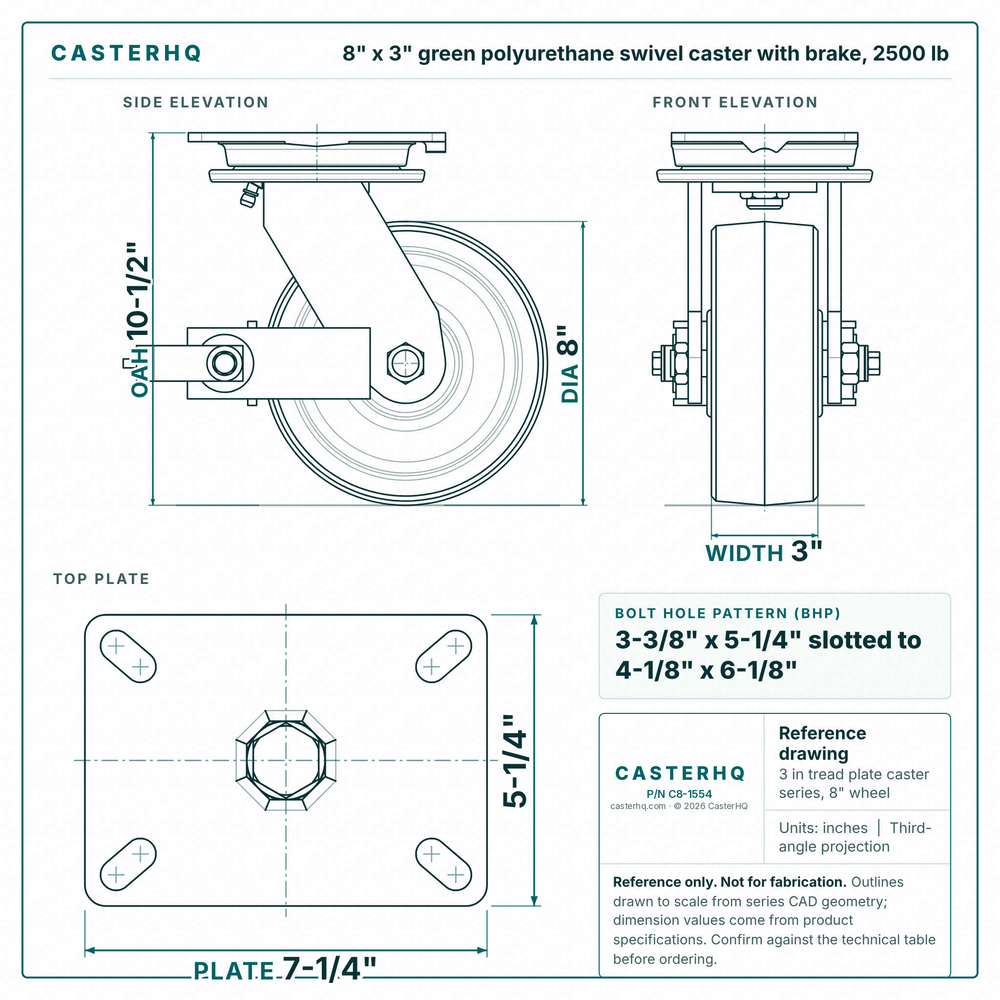 8 x 3 in green polyurethane swivel caster with brake reference drawing, side, front and top plate views with dimensions
