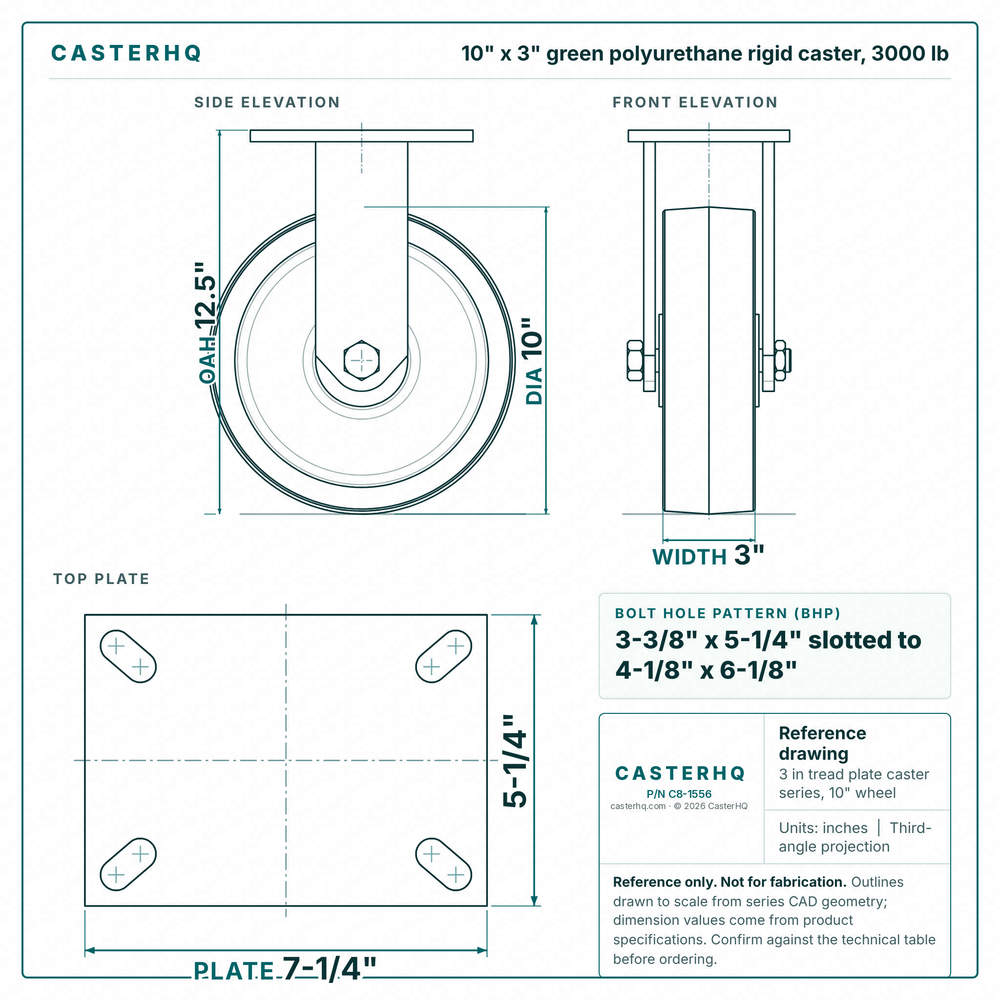 10 x 3 in green polyurethane rigid caster reference drawing, side, front and top plate views with dimensions