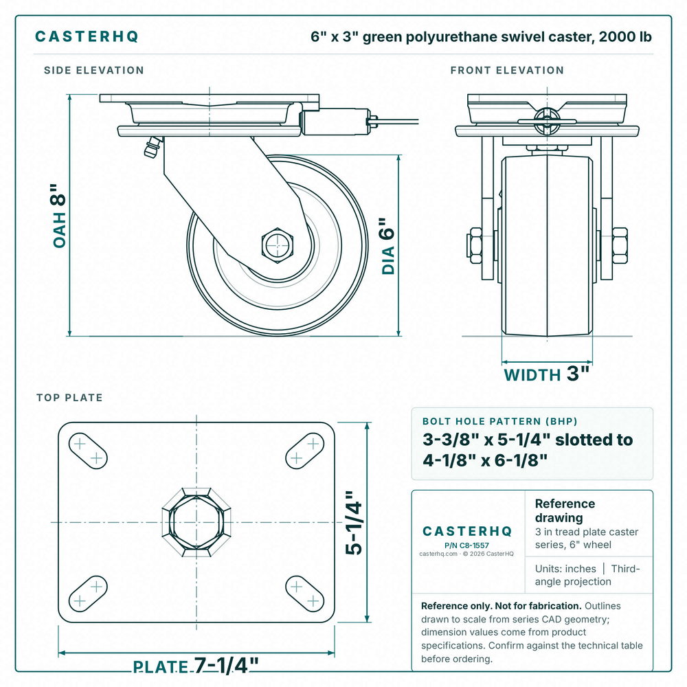 6 x 3 in green polyurethane swivel caster reference drawing, side, front and top plate views with dimensions