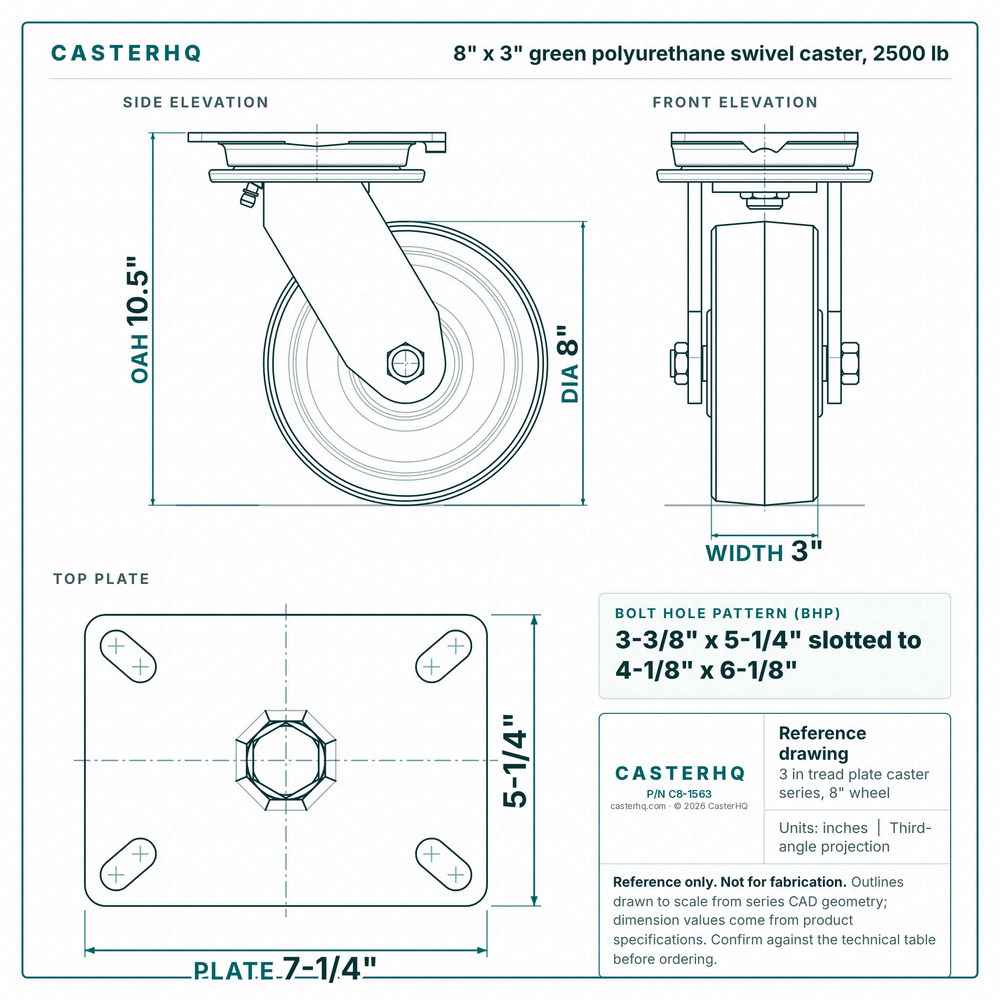 8 x 3 in green polyurethane swivel caster reference drawing, side, front and top plate views with dimensions