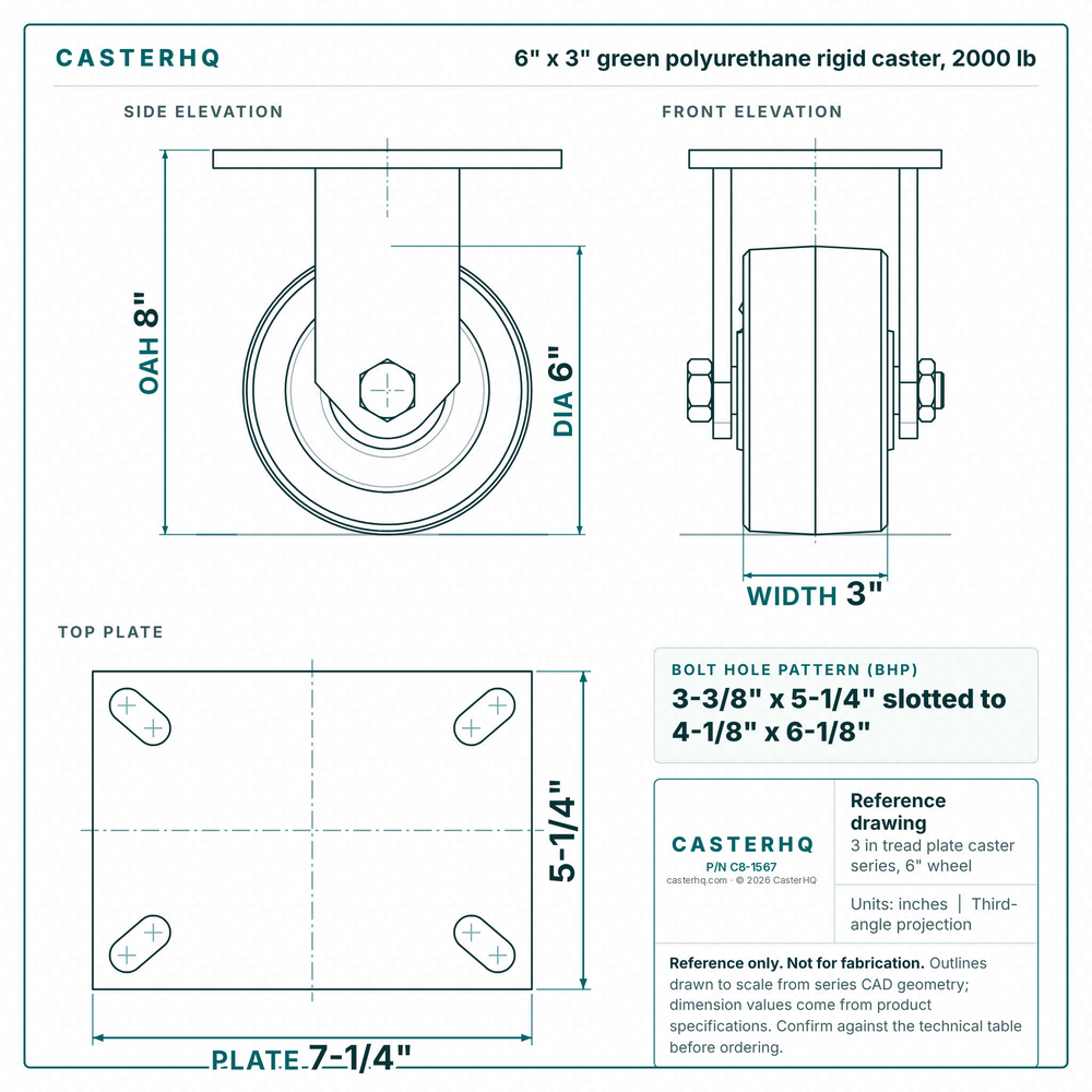 6 x 3 in green polyurethane rigid caster reference drawing, side, front and top plate views with dimensions