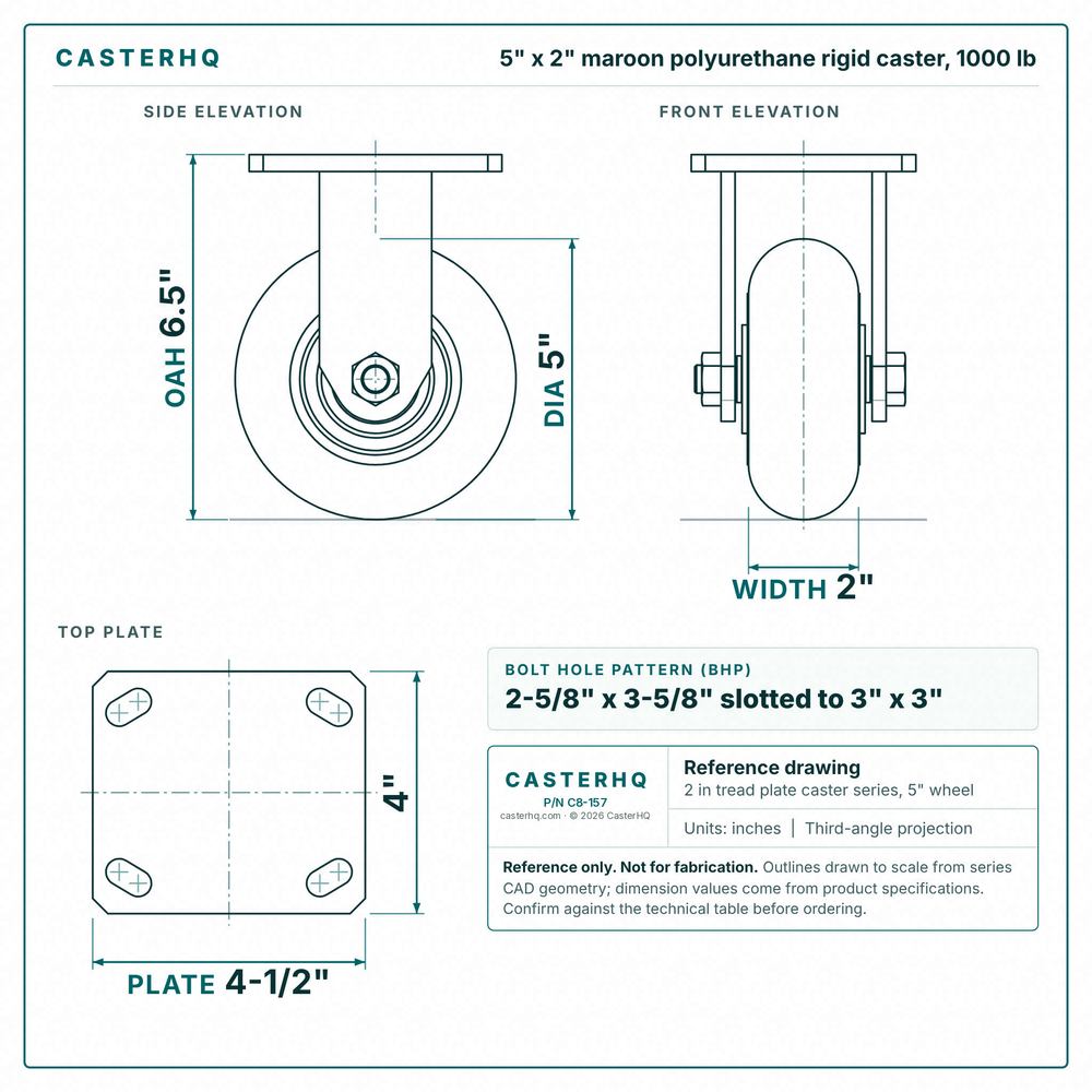 5 x 2 in maroon polyurethane rigid caster reference drawing, side, front and top plate views with dimensions