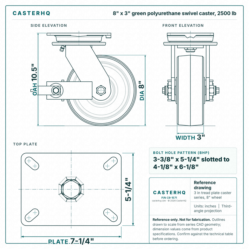8 x 3 in green polyurethane swivel caster reference drawing, side, front and top plate views with dimensions