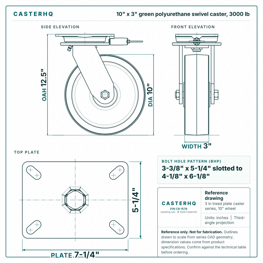 10 x 3 in green polyurethane swivel caster reference drawing, side, front and top plate views with dimensions