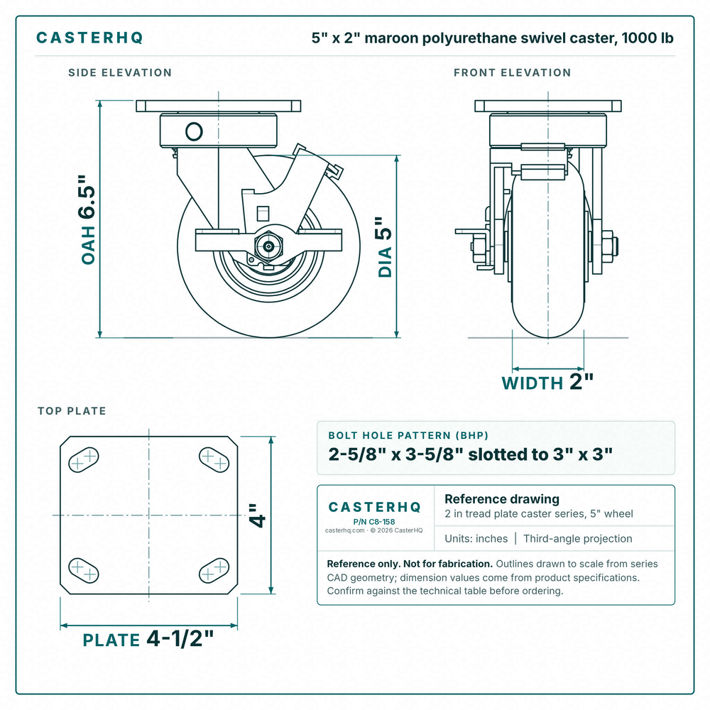 5 x 2 in maroon polyurethane swivel caster reference drawing, side, front and top plate views with dimensions