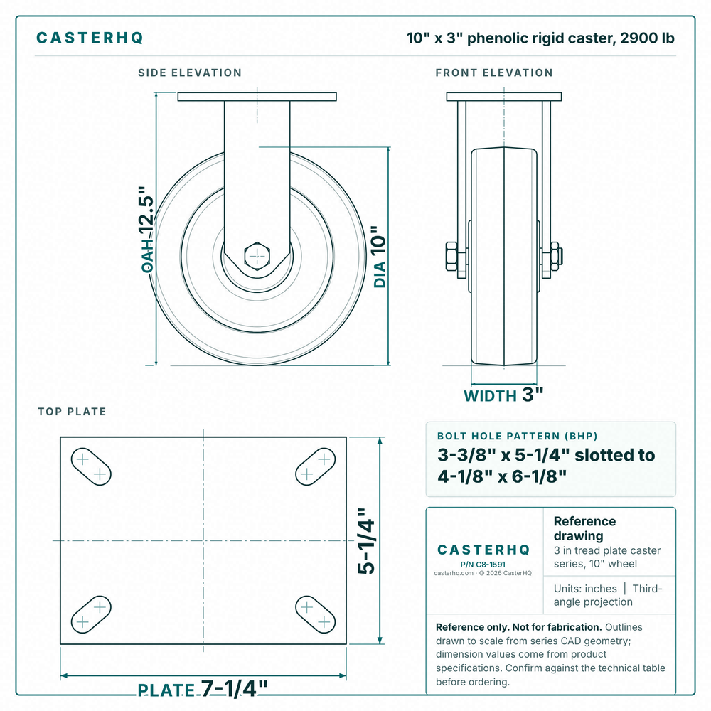 10 x 3 in phenolic rigid caster reference drawing, side, front and top plate views with dimensions