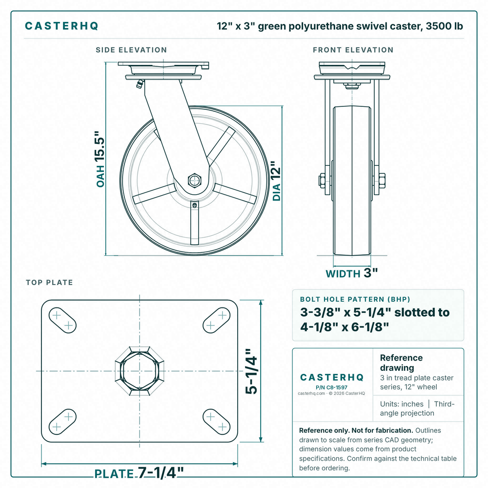 12 x 3 in green polyurethane swivel caster reference drawing, side, front and top plate views with dimensions