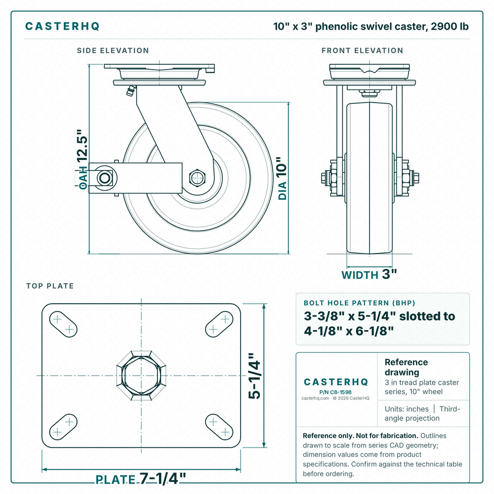 10 x 3 in phenolic swivel caster reference drawing, side, front and top plate views with dimensions