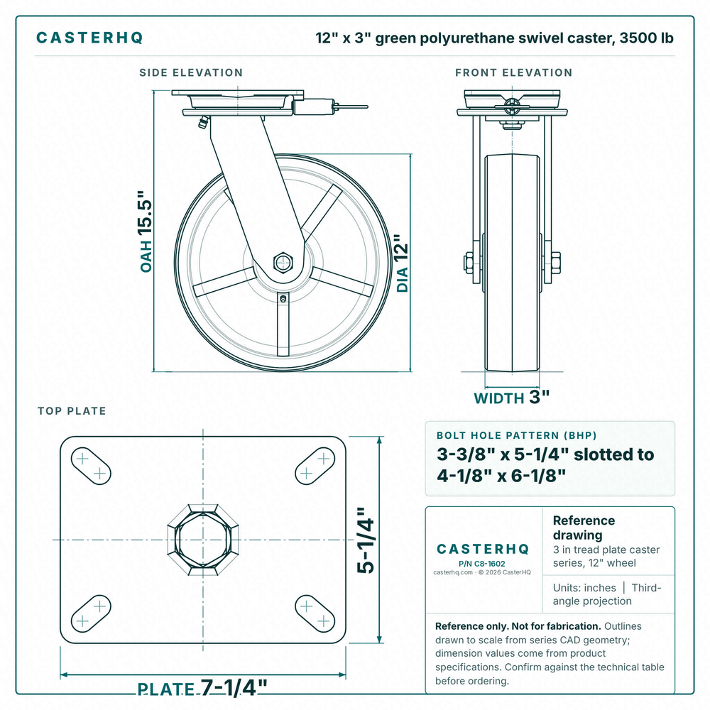 12 x 3 in green polyurethane swivel caster reference drawing, side, front and top plate views with dimensions