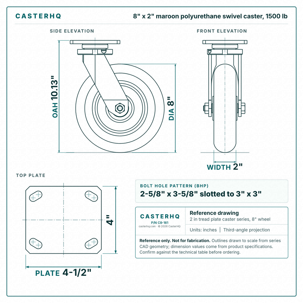 8 x 2 in maroon polyurethane swivel caster reference drawing, side, front and top plate views with dimensions