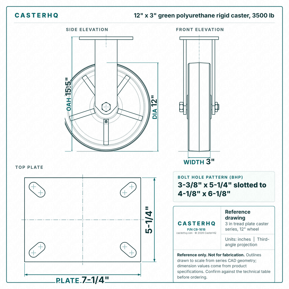 12 x 3 in green polyurethane rigid caster reference drawing, side, front and top plate views with dimensions