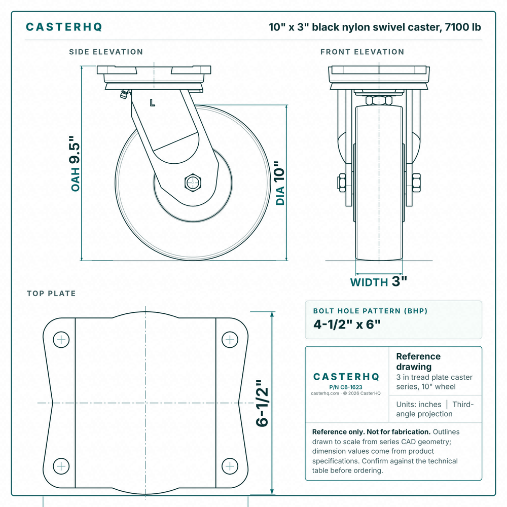 10 x 3 in black nylon swivel caster reference drawing, side, front and top plate views with dimensions