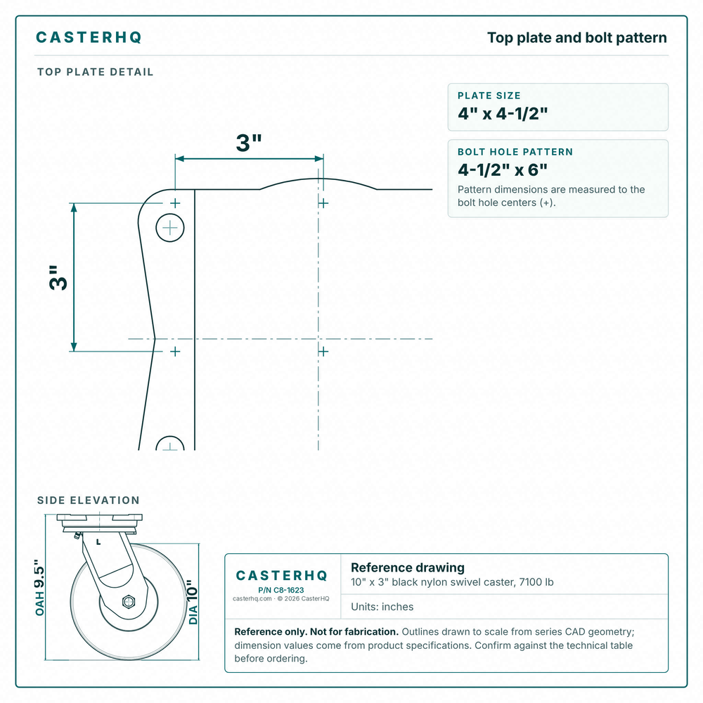 Top plate bolt pattern drawing, ["6-1/2\" x 7-1/2\""] plate