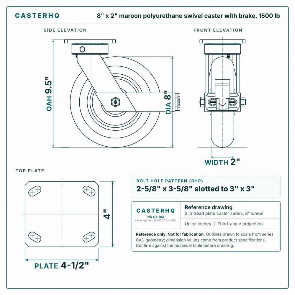 8 x 2 in maroon polyurethane swivel caster with brake reference drawing, side, front and top plate views with dimensions