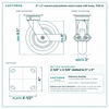 8 x 2 in maroon polyurethane swivel caster with brake reference drawing, side, front and top plate views with dimensions