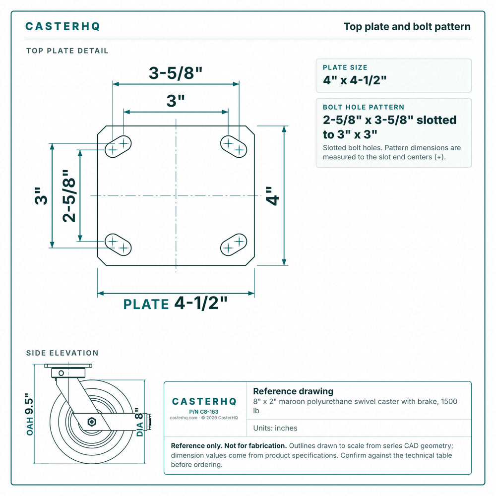 Top plate bolt pattern drawing, ["4\" x 4-1/2\""] plate, slotted bolt holes