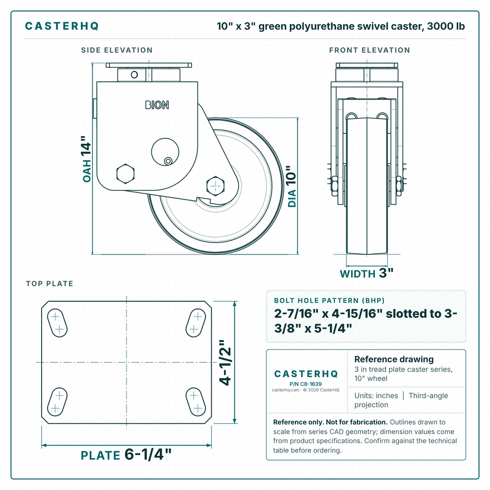 10 x 3 in green polyurethane swivel caster reference drawing, side, front and top plate views with dimensions
