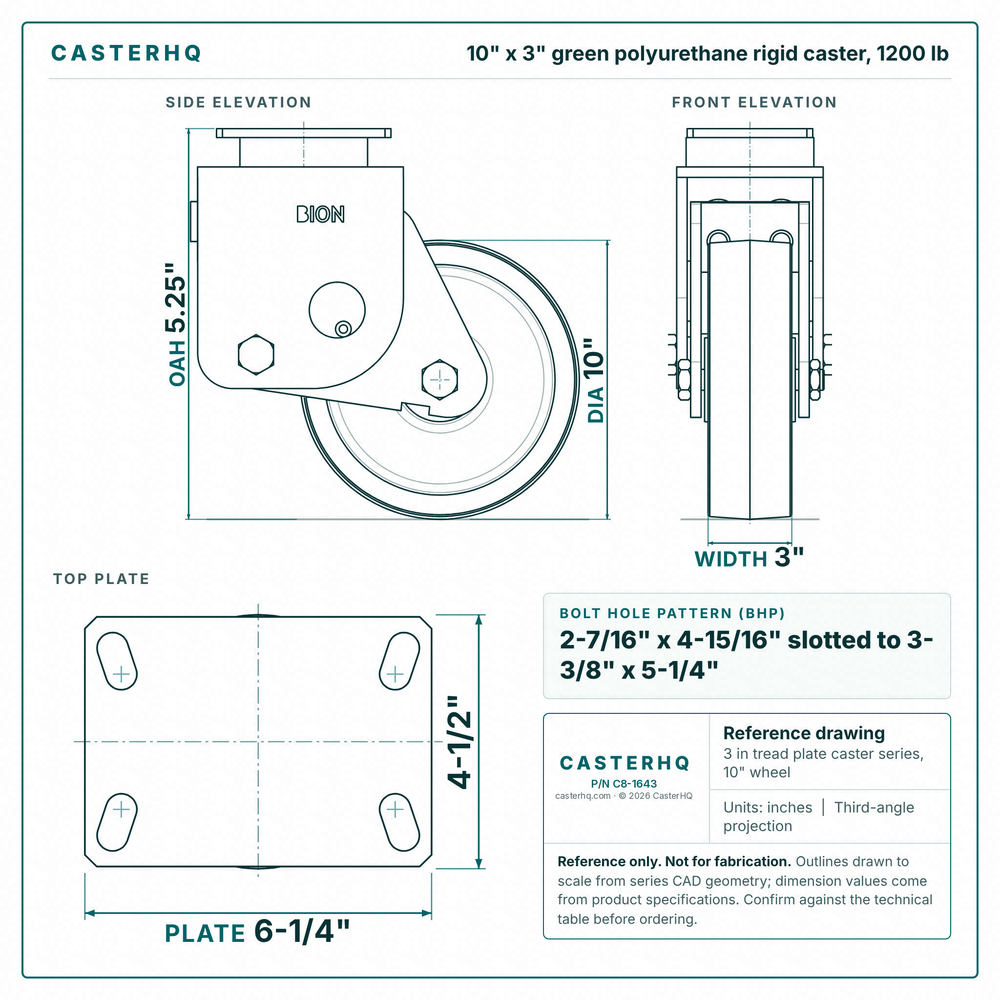 10 x 3 in green polyurethane rigid caster reference drawing, side, front and top plate views with dimensions