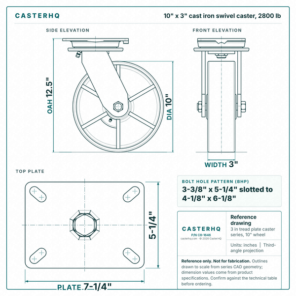 10 x 3 in cast iron swivel caster reference drawing, side, front and top plate views with dimensions