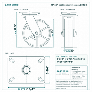 Albion 90CA10501R 10" x 3" Cast Iron Rigid Caster – 7.25" x 5.25" Plate · Model 90CA10501