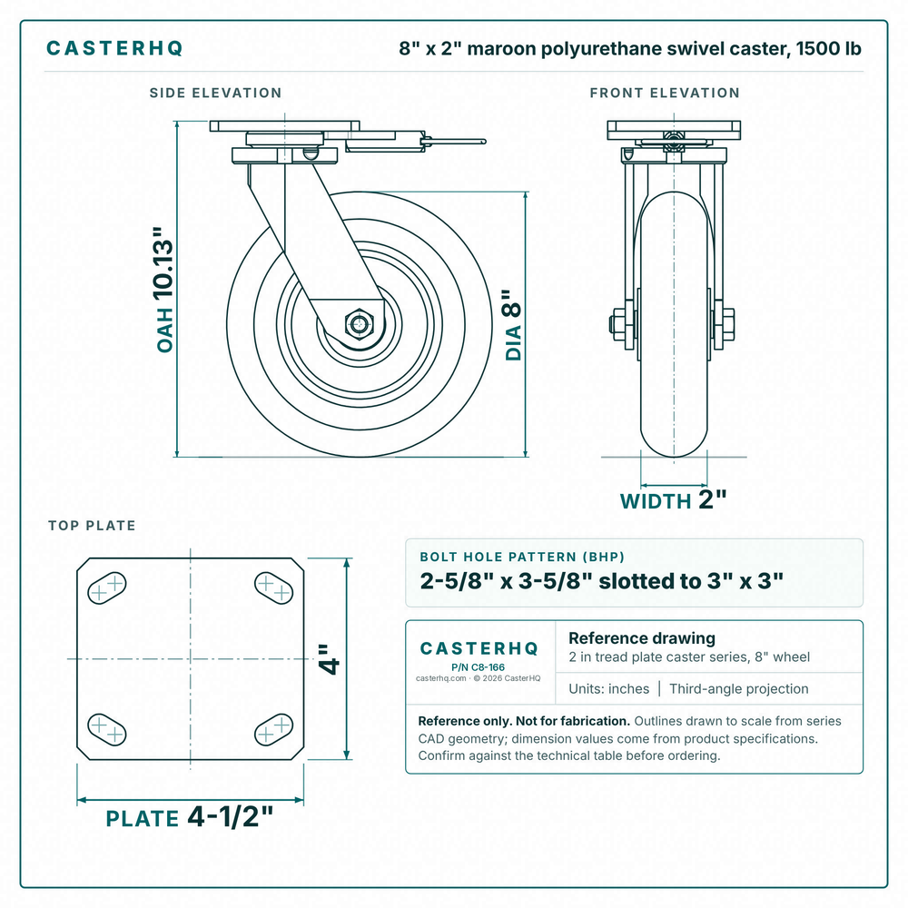 8 x 2 in maroon polyurethane swivel caster reference drawing, side, front and top plate views with dimensions