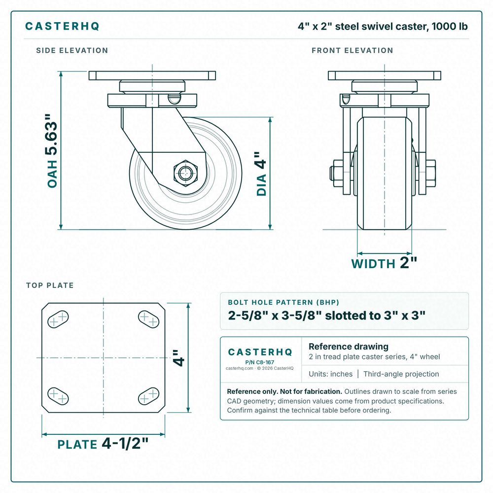 4 x 2 in steel swivel caster reference drawing, side, front and top plate views with dimensions