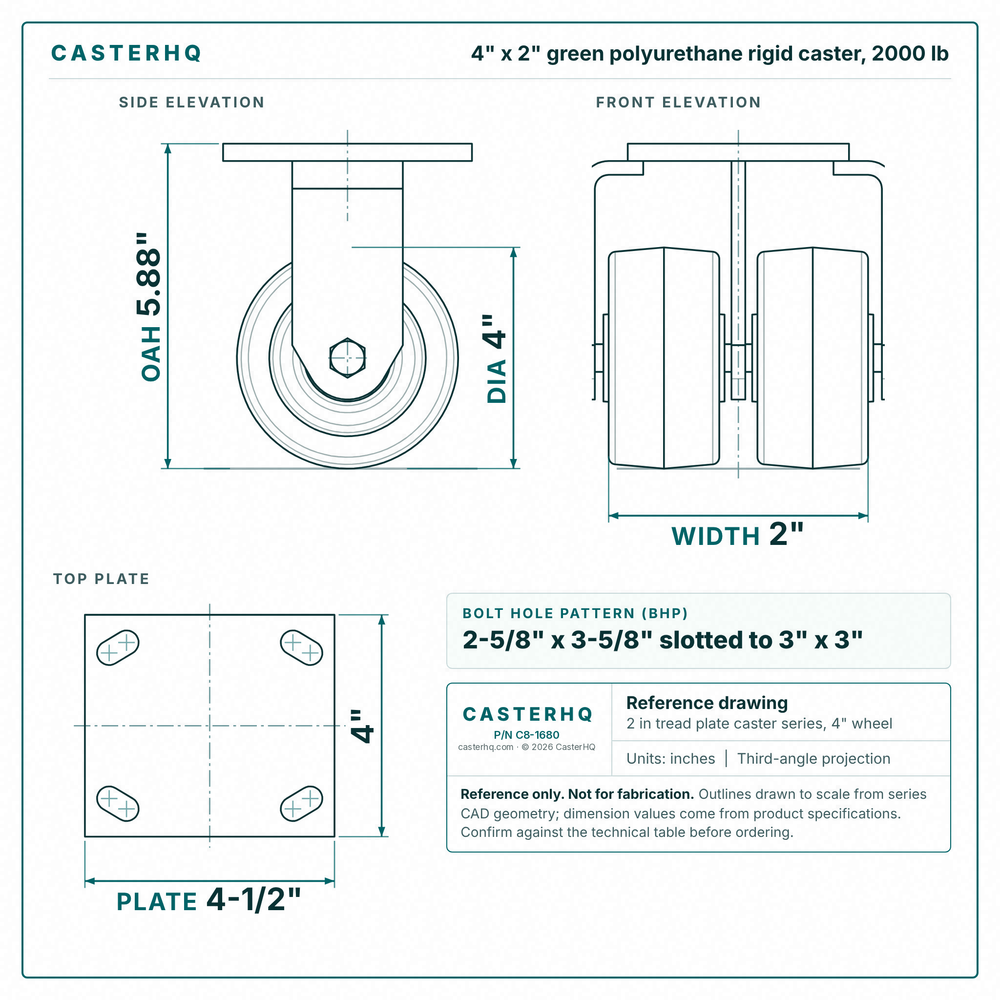 4 x 2 in green polyurethane rigid caster reference drawing, side, front and top plate views with dimensions