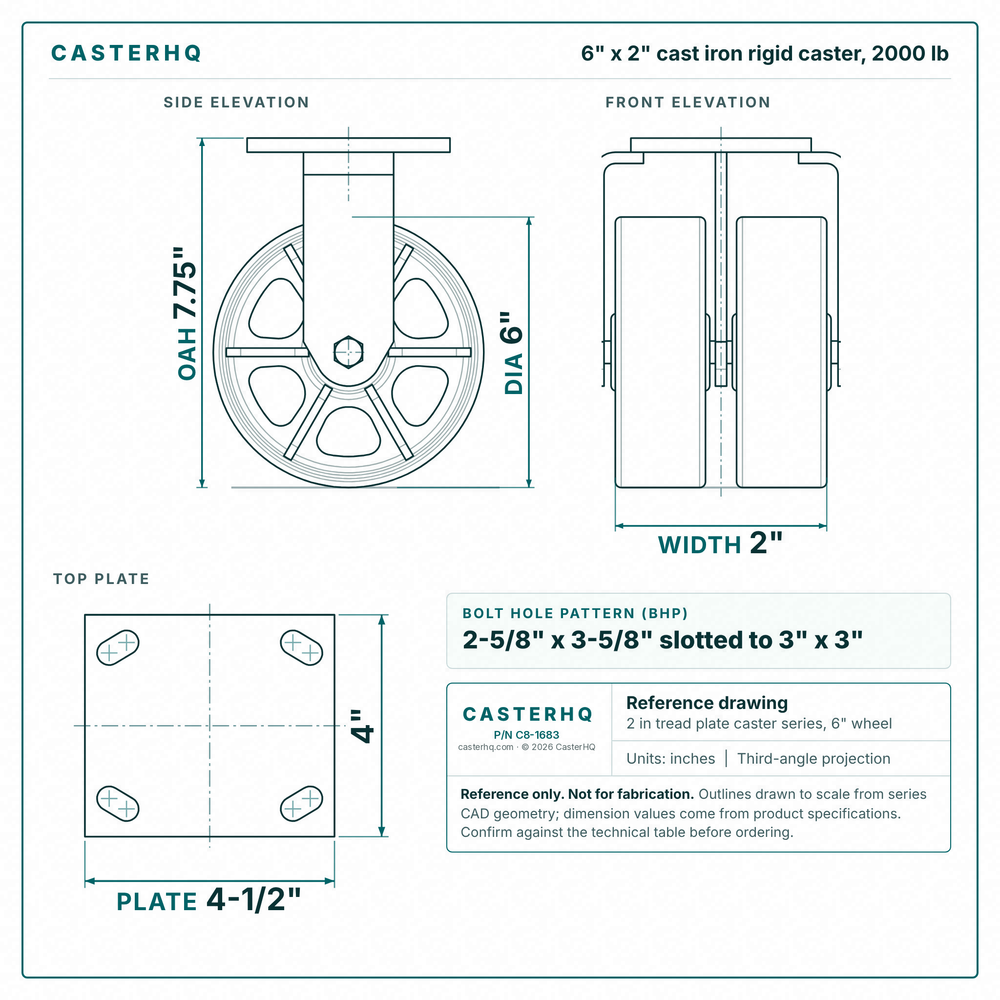6 x 2 in cast iron rigid caster reference drawing, side, front and top plate views with dimensions