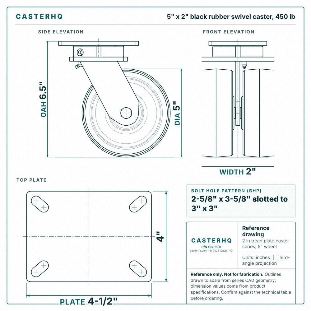5 x 2 in black rubber swivel caster reference drawing, side, front and top plate views with dimensions