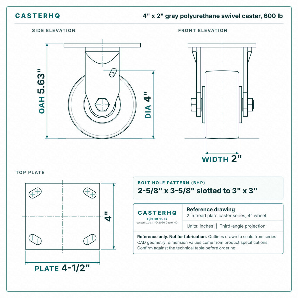 4 x 2 in gray polyurethane swivel caster reference drawing, side, front and top plate views with dimensions