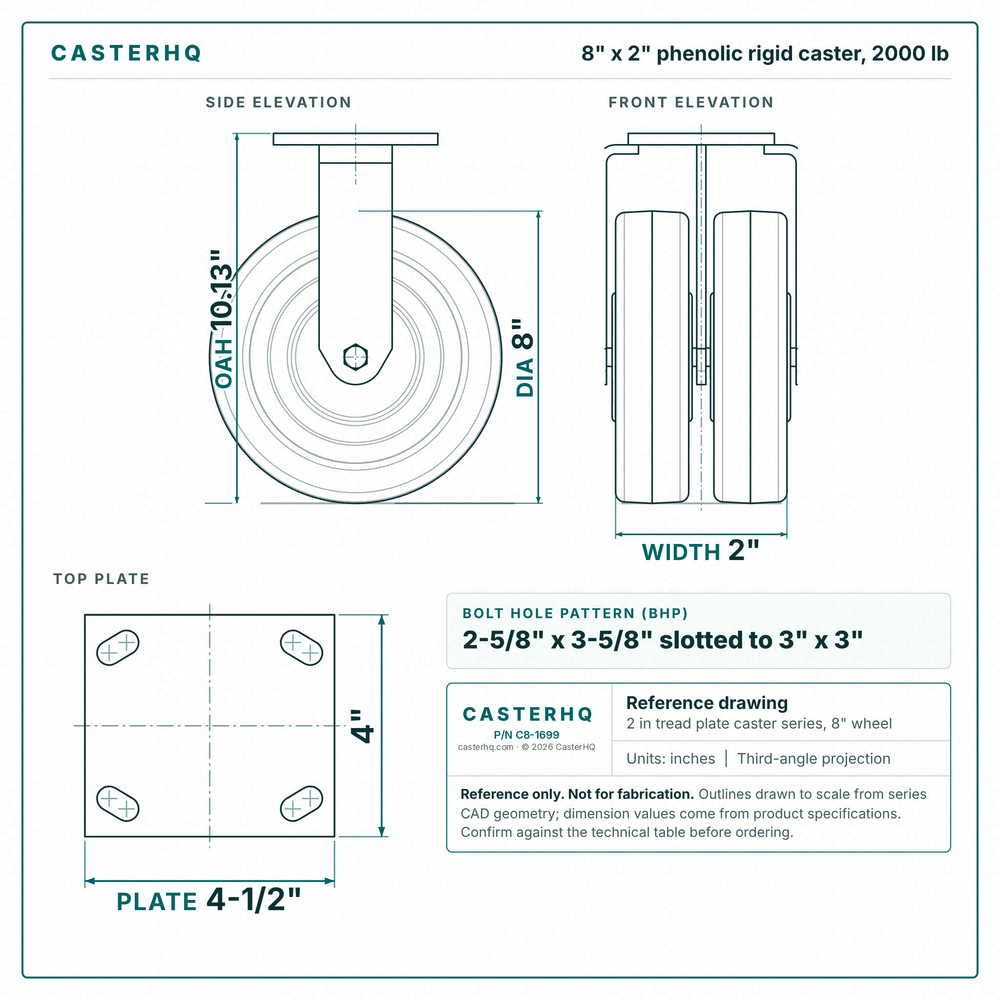 8 x 2 in phenolic rigid caster reference drawing, side, front and top plate views with dimensions