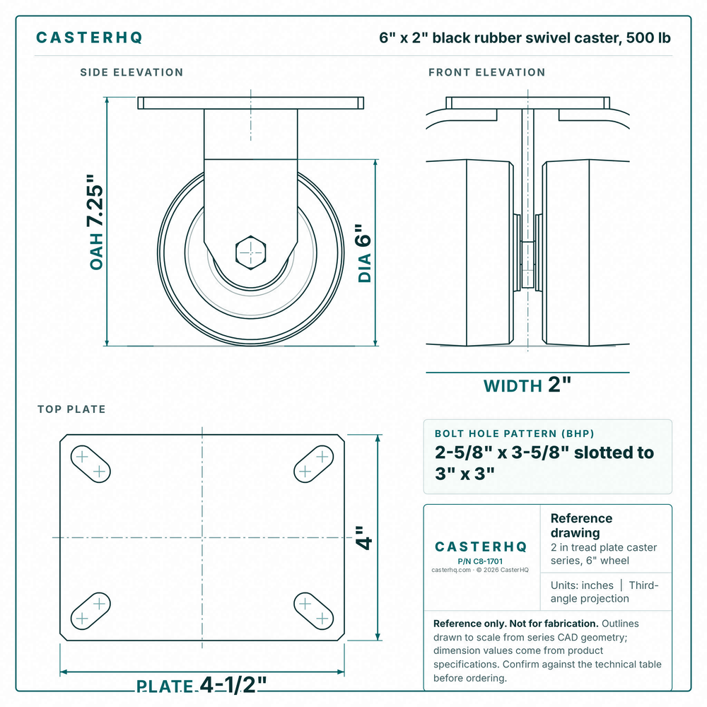 6 x 2 in black rubber swivel caster reference drawing, side, front and top plate views with dimensions