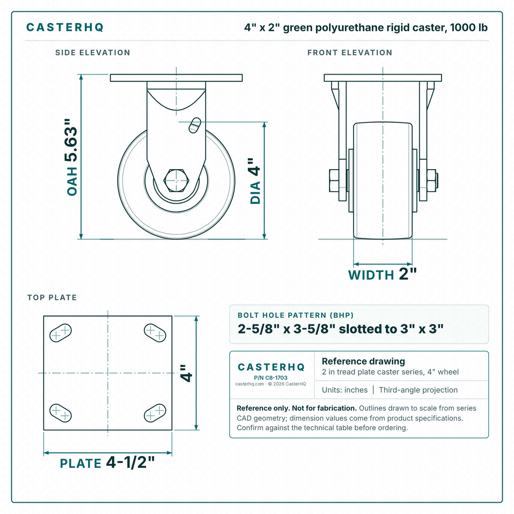 4 x 2 in green polyurethane rigid caster reference drawing, side, front and top plate views with dimensions