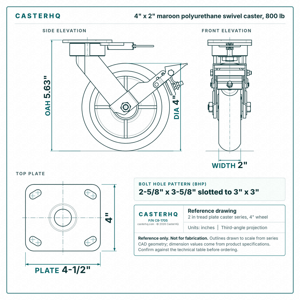 4 x 2 in maroon polyurethane swivel caster reference drawing, side, front and top plate views with dimensions