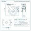 4 x 2 in maroon polyurethane swivel caster reference drawing, side, front and top plate views with dimensions