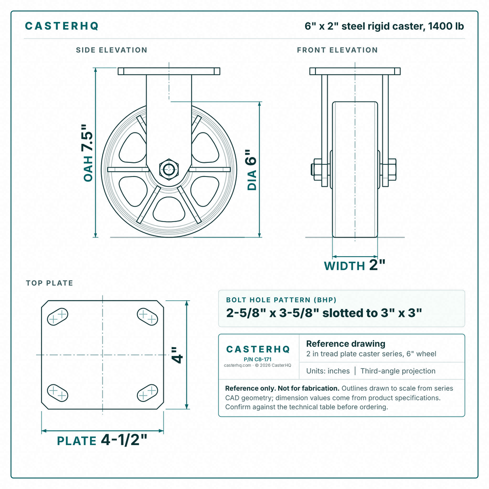 6 x 2 in steel rigid caster reference drawing, side, front and top plate views with dimensions