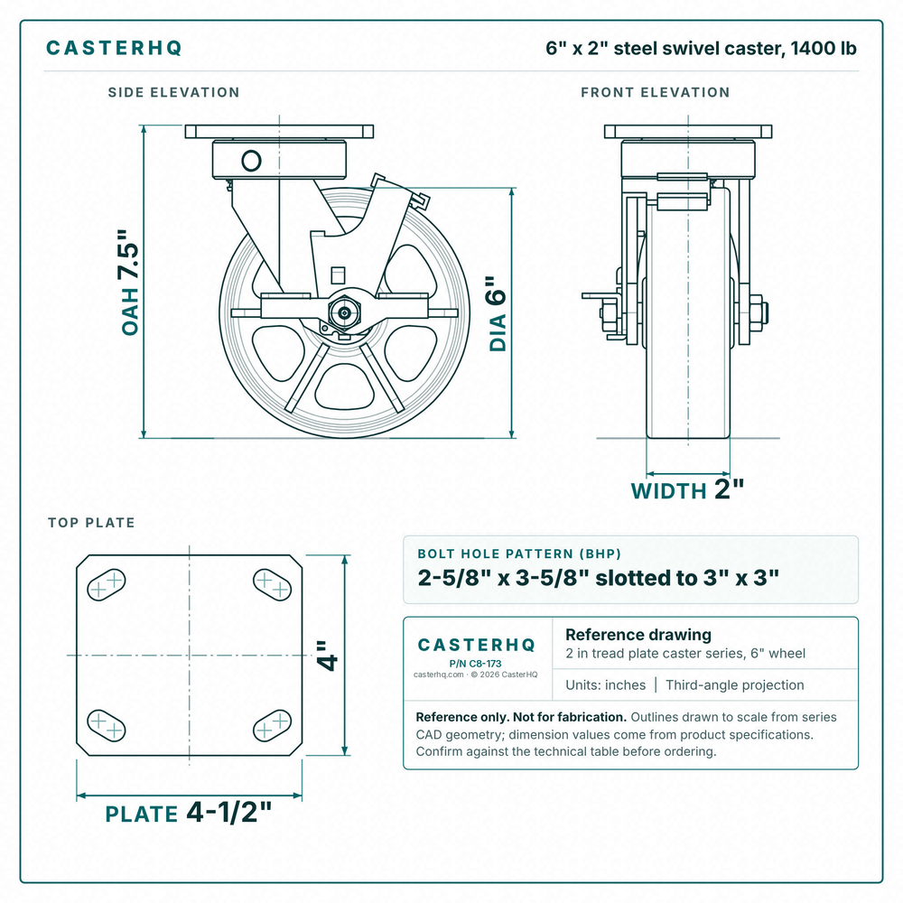 6 x 2 in steel swivel caster reference drawing, side, front and top plate views with dimensions