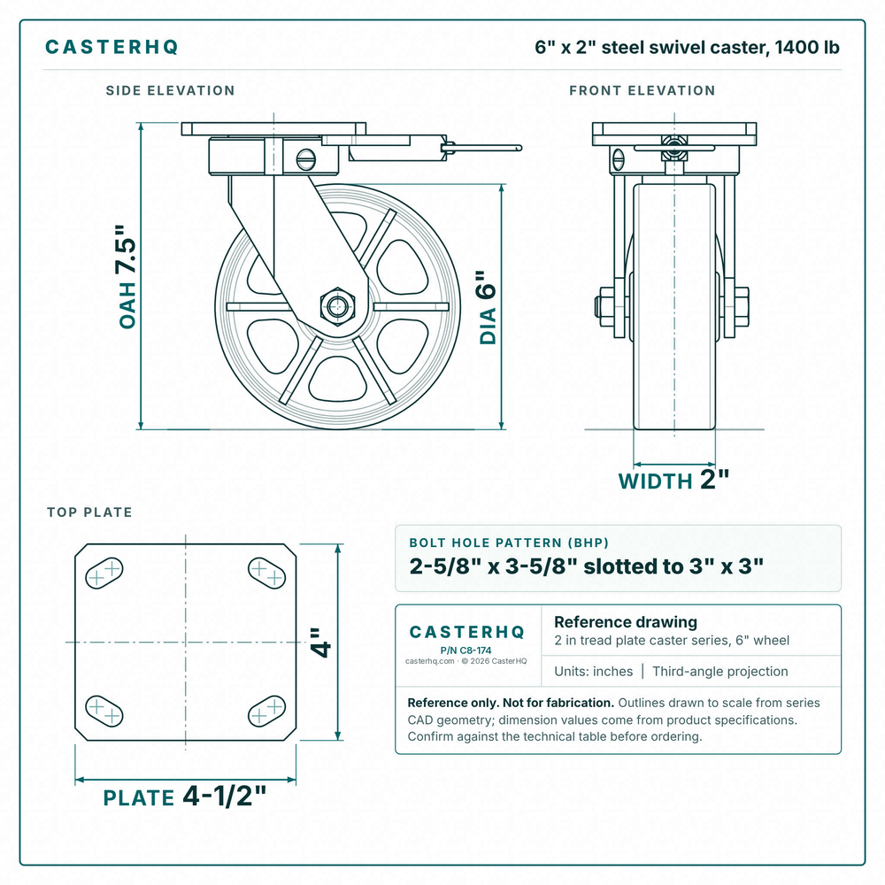 6 x 2 in steel swivel caster reference drawing, side, front and top plate views with dimensions