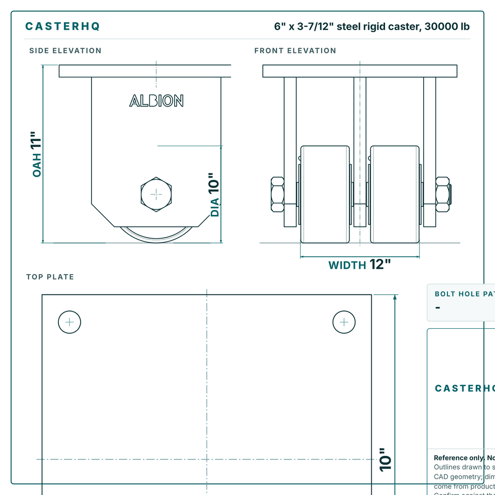6 x 3-7/12 in steel rigid caster reference drawing, side, front and top plate views with dimensions