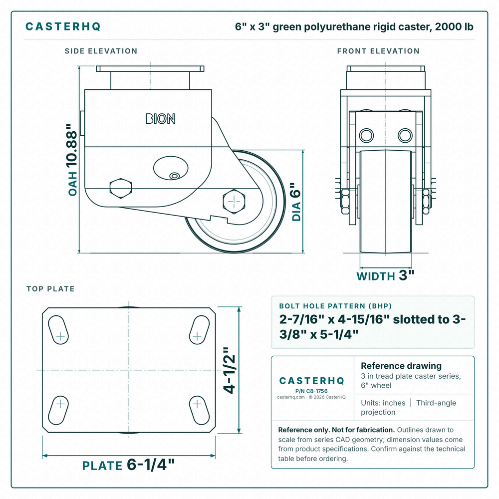 6 x 3 in green polyurethane rigid caster reference drawing, side, front and top plate views with dimensions