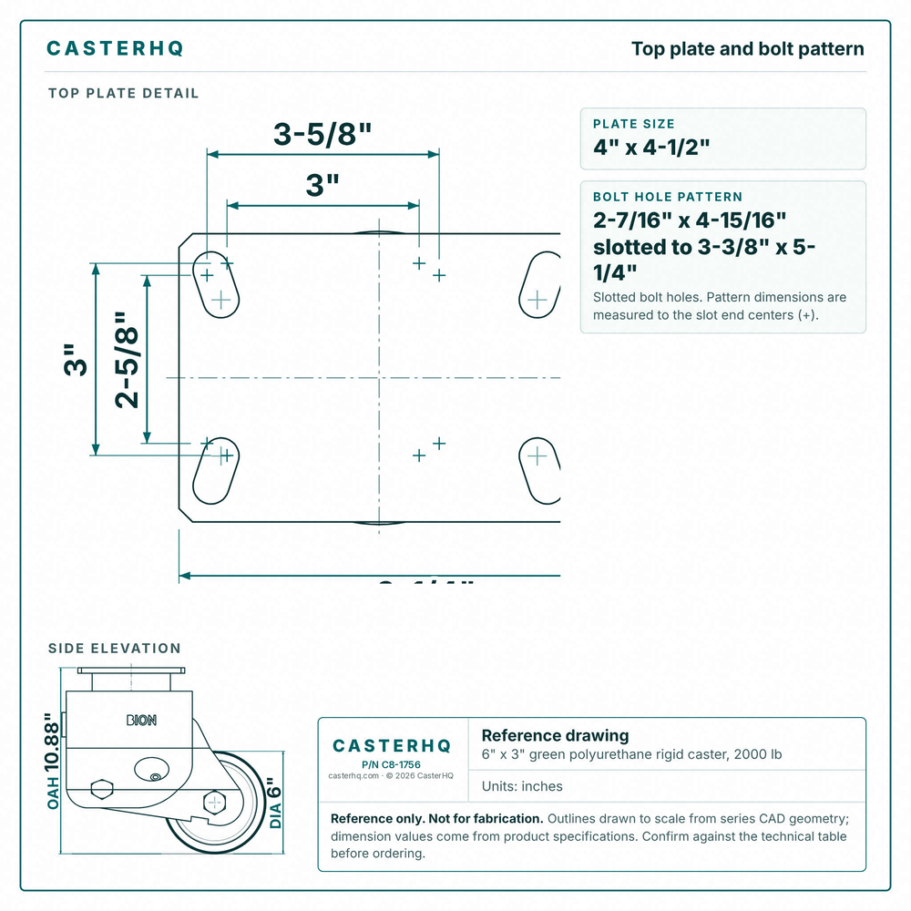 Top plate bolt pattern drawing, ["4-1/2\" x 6-1/4\""] plate, slotted bolt holes