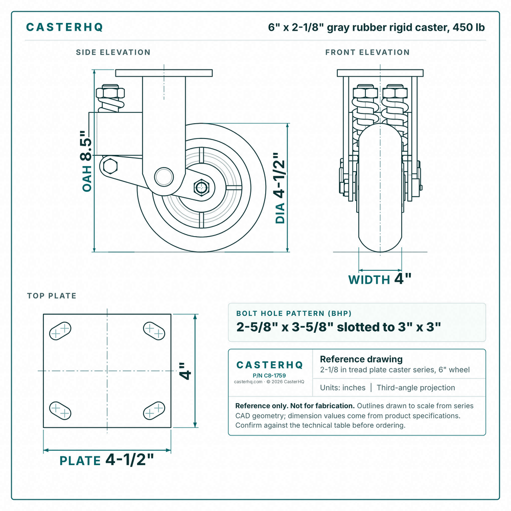 6 x 2-1/8 in gray rubber rigid caster reference drawing, side, front and top plate views with dimensions